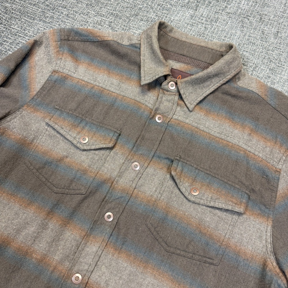 PrAna Shirt Mens L Brown Blue Striped Flannel Snap Front Organic Cotton